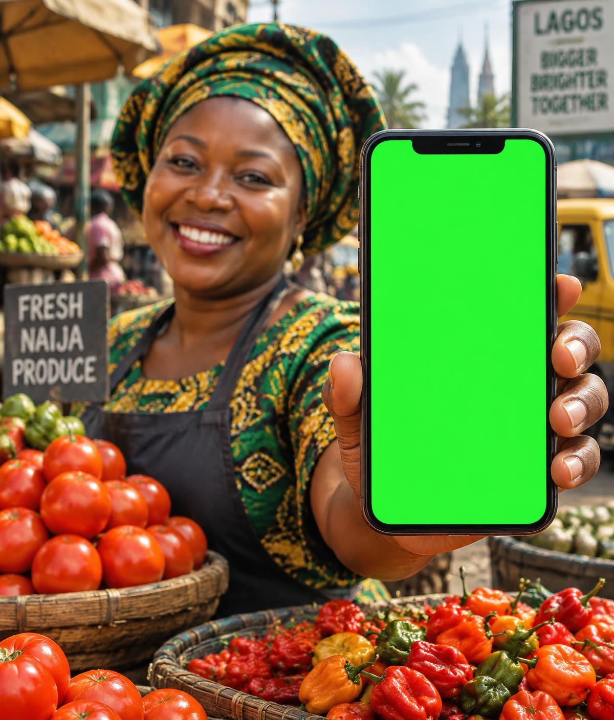 Nigerian market trader holding a phone showing the MonieKing app